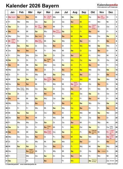 Kalender 2026 Bayern Ferien Feiertage Excel Vorlagen