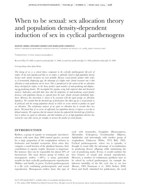 Pdf When To Be Sexual Sex Allocation Theory And Population Density Dependent Induction Of Sex