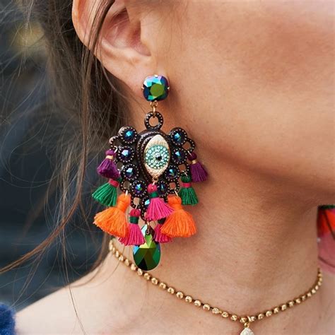 juran big colorful bohemian tassel earrings statement jewelry wholesale vintage ethnic crystal