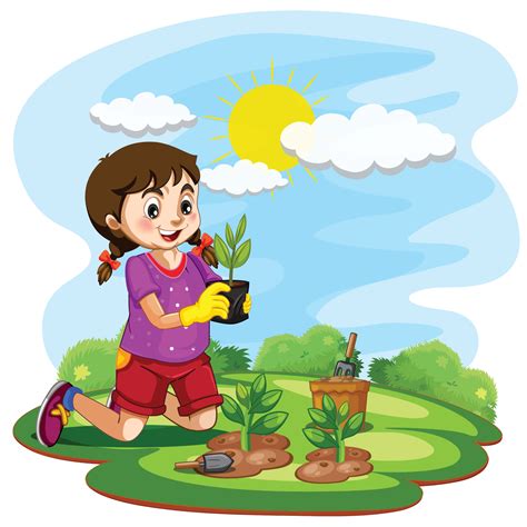 Cartoon Cute Little Girl Planting A Plant Vector Illustration 20240657