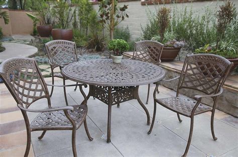 Brown round acacia wood outdoor patio coffee table. Patio Furniture Dining Set Cast Aluminum 48" Round Table ...