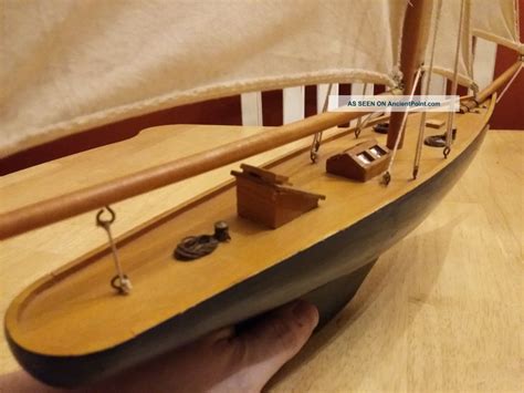 Antique Wood Boat Model Yacht Sailboat Ship Brass Rigging Canvas Sails