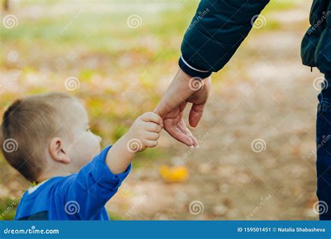 Little Boy With Mom Walks In The Autumn Park And Holds Mom S Hand