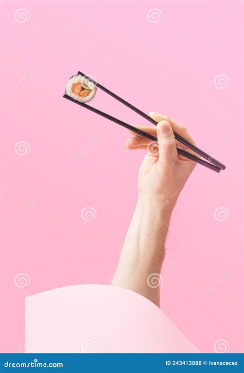 Sushi Takeaway Minimal Concept Man Hand Holding Black Chopstick Pop Up