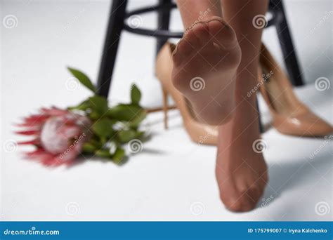 Part Of Woman Body Perfect Shape Legs Feet Skin Tan Wear Stockings