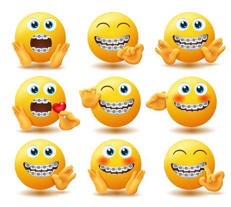 Emoji Braces Emoticon Vector Set Emojis In Dental Brace Characters