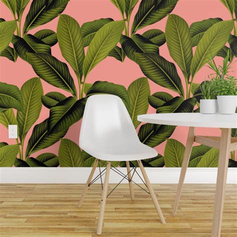 Pre Pasted Wallpaper 2ft Wide Palm Botanical Coral Leaves Tropical