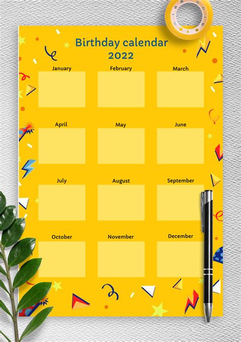 Download Printable Yellow Confetti Birthday Calendar Pdf