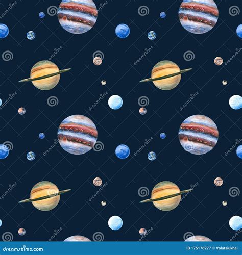 Seamless Pattern Of Watercolor Planets Hand Drawn Illustration Is