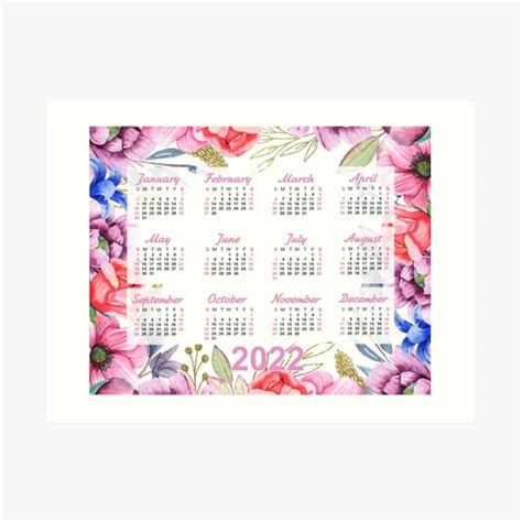 Yearly Calendar Calendar 2022 Watercolor Floral Full Year Planner