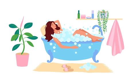 Premium Vector A Woman Takes A Bubble Bath Vector Cartoon Flat Illustration Of A Girl Relaxing