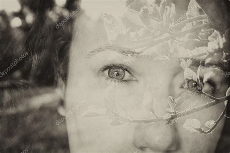 Double Exposure Image Of Young Girl And Nature Background Black And