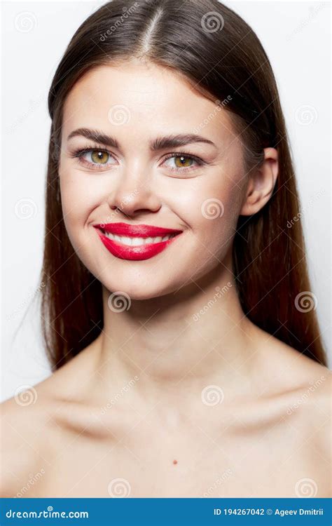 Charming Woman Nude Shoulders Smile Red Lips Studio Clear Skin Stock