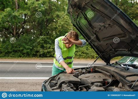 Tired Man At Opened Hood Fix Problem With Engine Stock Image Image Of