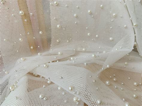 Off White Mesh Fabric With Pearls Pearl Bead Net Fabric For Etsy In