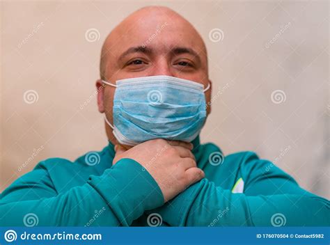 Sick Young Man With Medical Face Mask And Throat Pain Illustrates