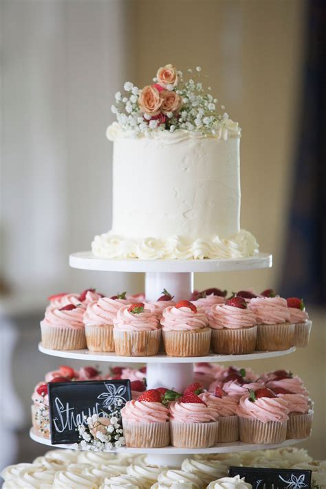 White Wedding Cake With Strawberry Cupcakes