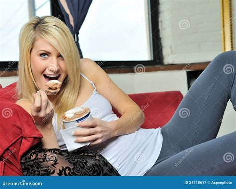 Blonde Woman Eating Ice Cream Stock Image Image Of Snack Woman 24718617