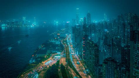 Wallpaper Night City Fog Aerial View Buildings Road Metropolis Hd