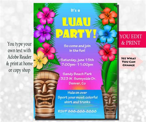 Luau Invitation Luau Party Invitation Luau Birthday Etsy
