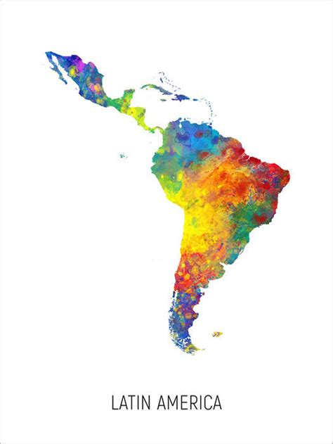 Latin America Map Watercolour Art Print Poster Colour Black White