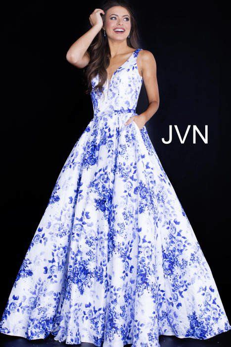 Jovani White Prom Dress With Flowers Jovani 58632 Light Blue Floral