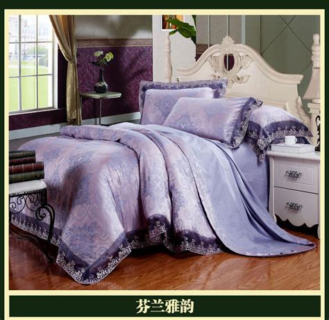 Brand Blue Purple Lace Satin Jacquard Bedding Comforter Set King Queen