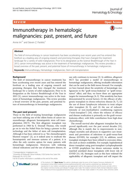 Pdf Immunotherapy In Hematologic Malignancies Past Present And Future