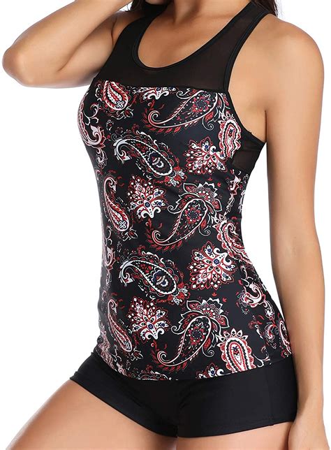 Yonique Racerback Tankini Swimsuits For Women With Black Paisley Size