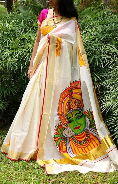 Kathakali Dancer Handpainted Saree In Handloom Cotton Kasavu Saree