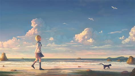1920x1080 Anime Girl Walking On Beach With Cat Laptop Full Hd 1080p Hd 4k Wallpapersimages