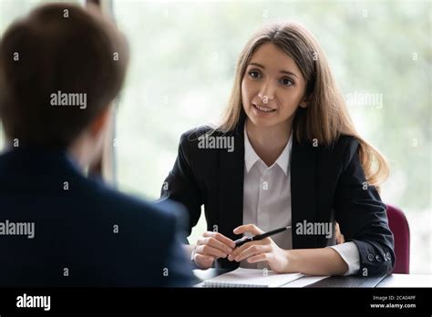 Hr Manager Interviewing Male Applicant Answers Questions Pass Job Interview Stock Photo Alamy