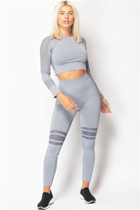 womens grey seamless fitness leggings and top gym set activewear uk