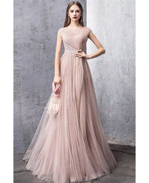 Unique Luxe Pleated Pink Tulle Long Prom Dress Modest With Cap Sleeves