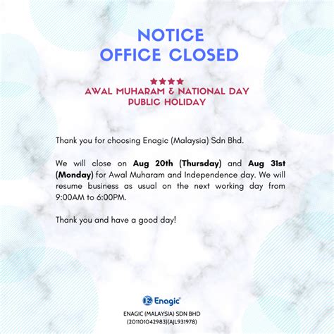 Notice Office Close Public Holiday Enagic Malaysia Sdn Bhd