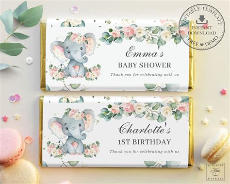 Elephant Chocolate Bar Wrapper Editable Template Pink Floral Greenery