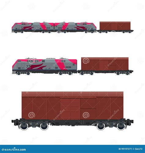 Pink Locomotive With Closed Wagon On Platform Stock Vector