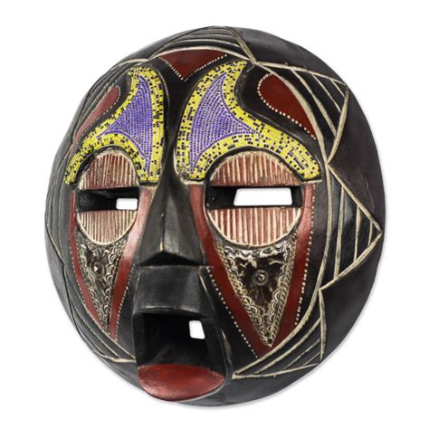 African Recycled Plastic Beaded Wood Mask From Ghana Eco Ohene Novica