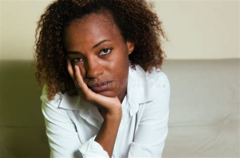 Sad African American Woman With Depression Looking At Camera Stock