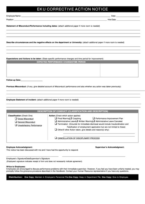 Fillable Corrective Action Form Human Resources Eastern Kentucky