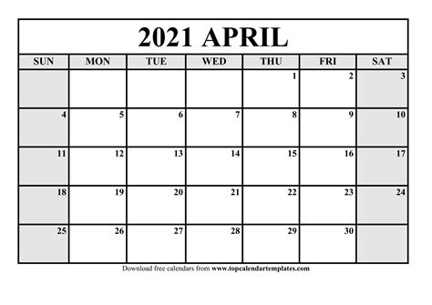 April 2021 calendar as html. Free April 2021 Calendar Printable - Monthly Template
