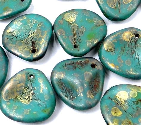 Czech Glass Large Rose Petals Beads Persian Turqouise Copper