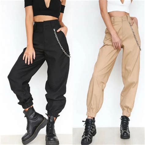 Women Casual High Waist Cargo Pants Loose Solid Pockets Elastic Waist