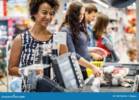 Black Woman Buying Goods In A Grocery Store Stock Image Image Of