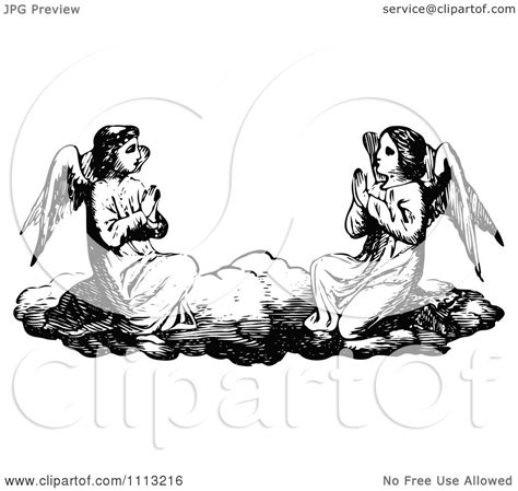 Clipart Vintage Black And White Angels Praying On A Cloud