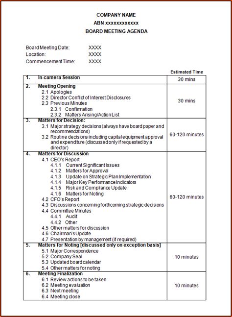 sample agenda template bookletemplateorg