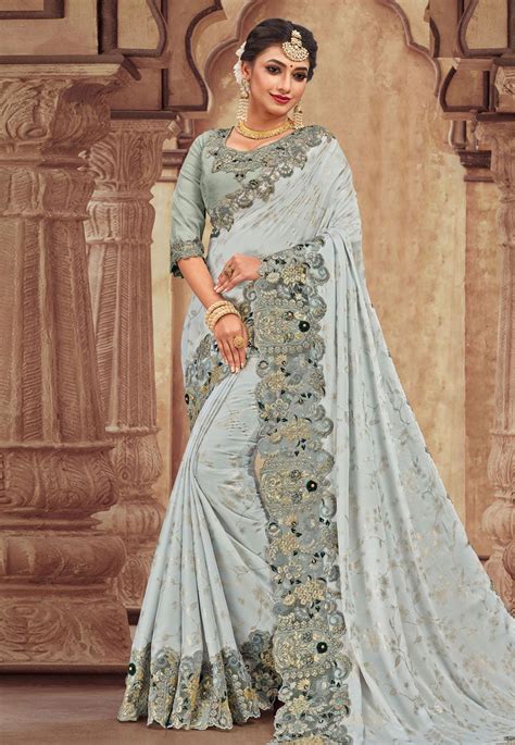 Buy Gray Satin Festival Wear Saree 201842 With Blouse Online At Lowest
