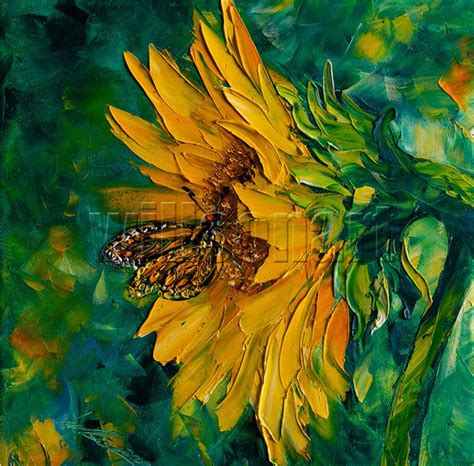 Sunflower And Butterfly Oil Painting Textured Palette Knife Original Art