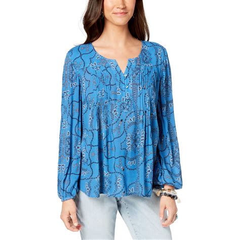 Style And Co Womens Pintuck Peasant Blouse Blue Pp