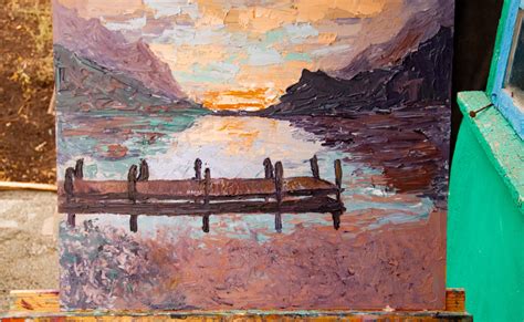 Mountain Painting Lake Dock Painting Mountain Sunset Water Etsy